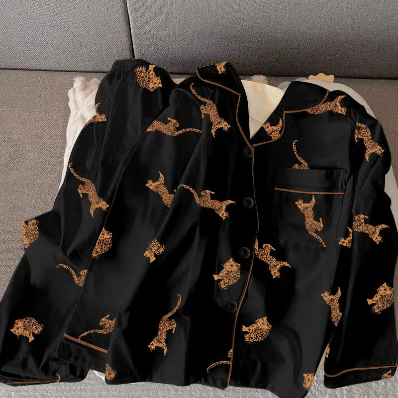 Black Money Leopard Print Sleepwear Set Women's Long Sleeve Long Pants Home Clothes Polyester Fabric Spring Autumn Wearable