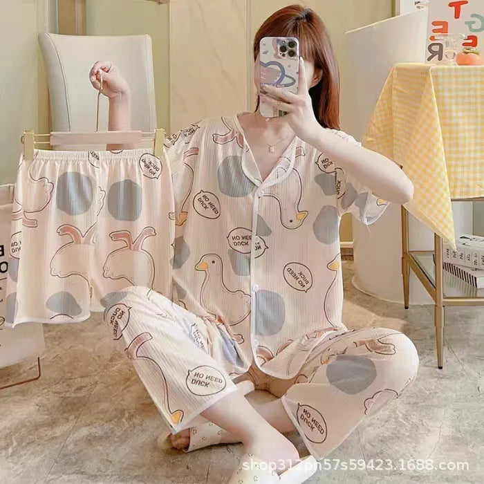 Spring Autumn Women's Sleepwear Short Sleeve Loose Home Clothes Cute Girl's Pajamas Set Casual Breathable Polyester Silk