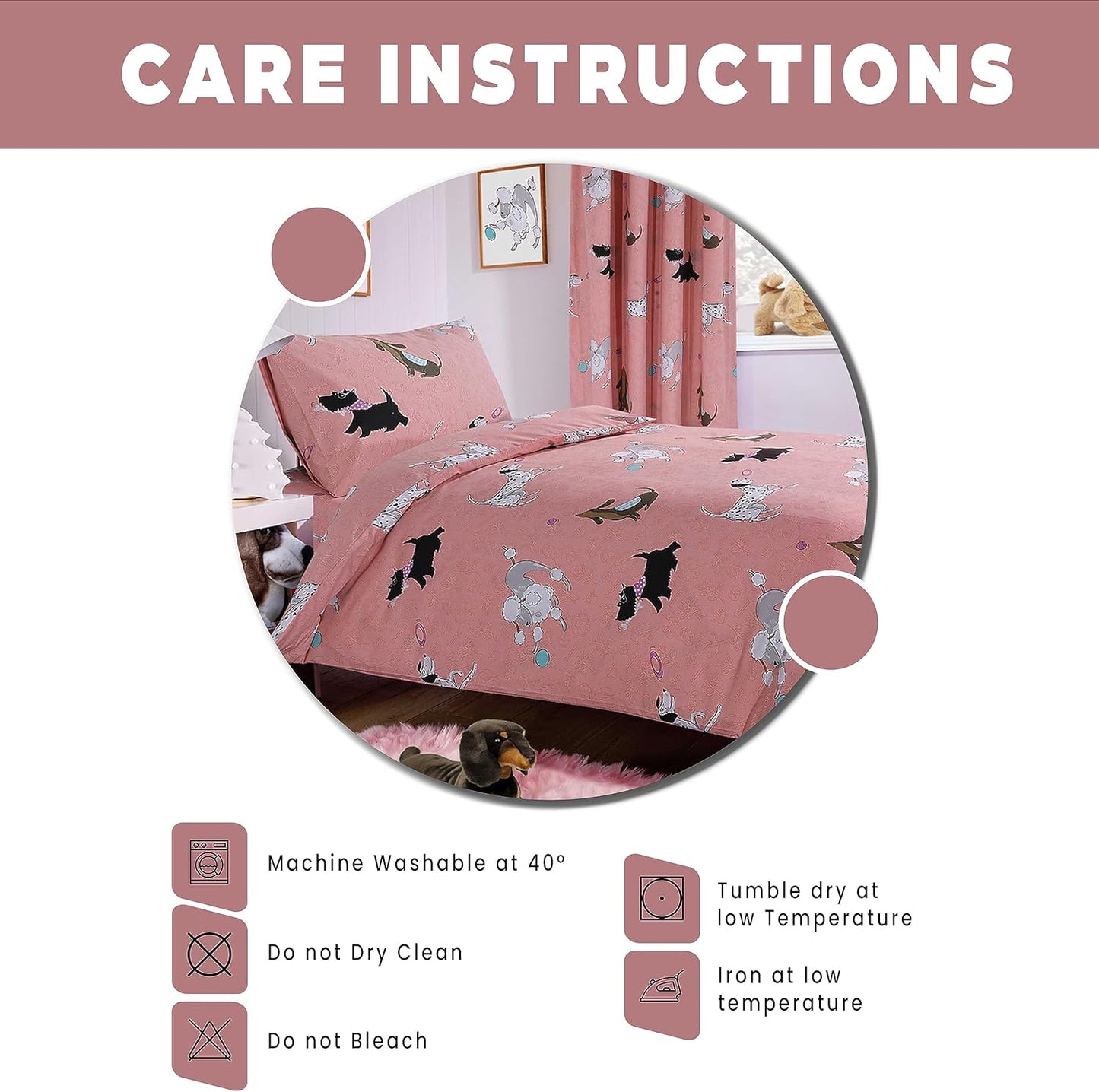 Pink Dog Print Duvet Cover Set with Matching Curtains