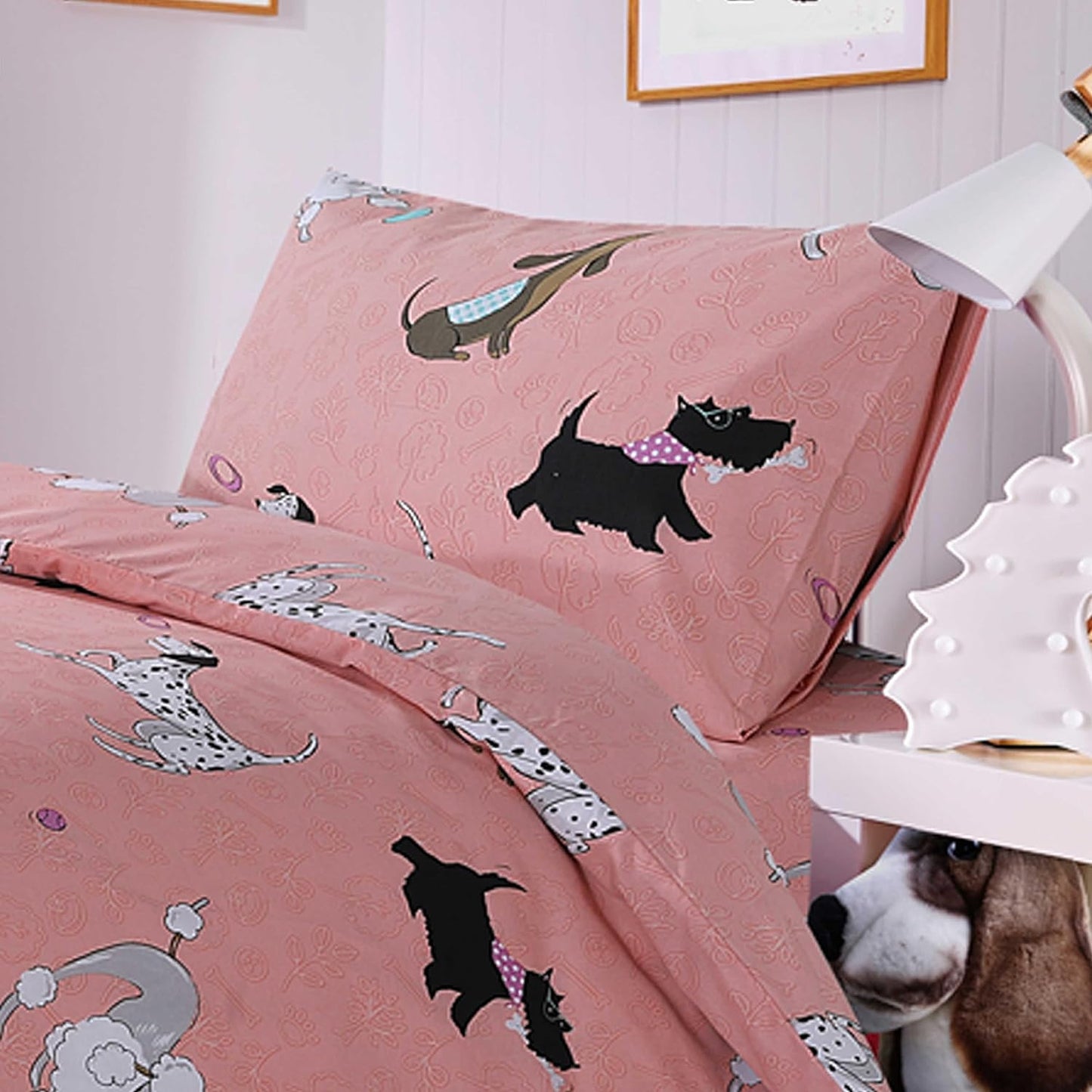 Pink Dog Print Duvet Cover Set with Matching Curtains