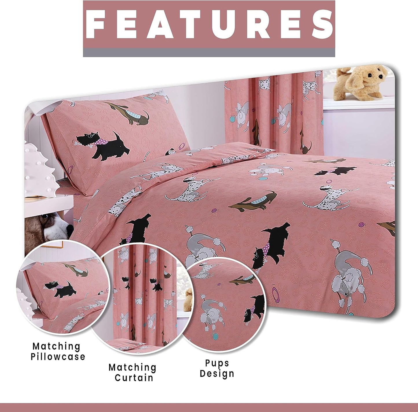 Pink Dog Print Duvet Cover Set with Matching Curtains