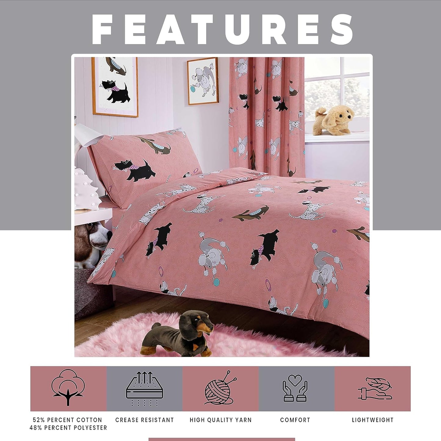 Pink Dog Print Duvet Cover Set with Matching Curtains