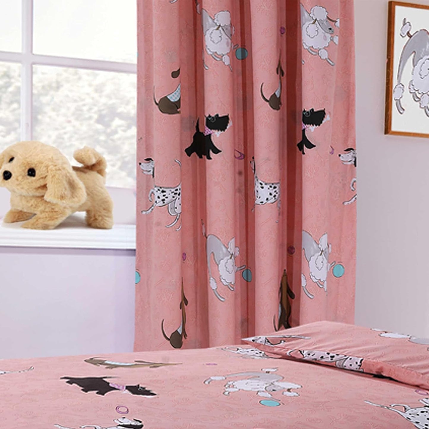 Pink Dog Print Duvet Cover Set with Matching Curtains