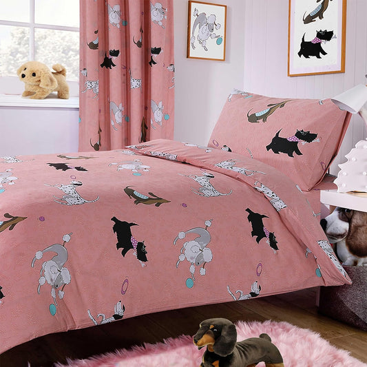 Pink Dog Print Duvet Cover Set with Matching Curtains