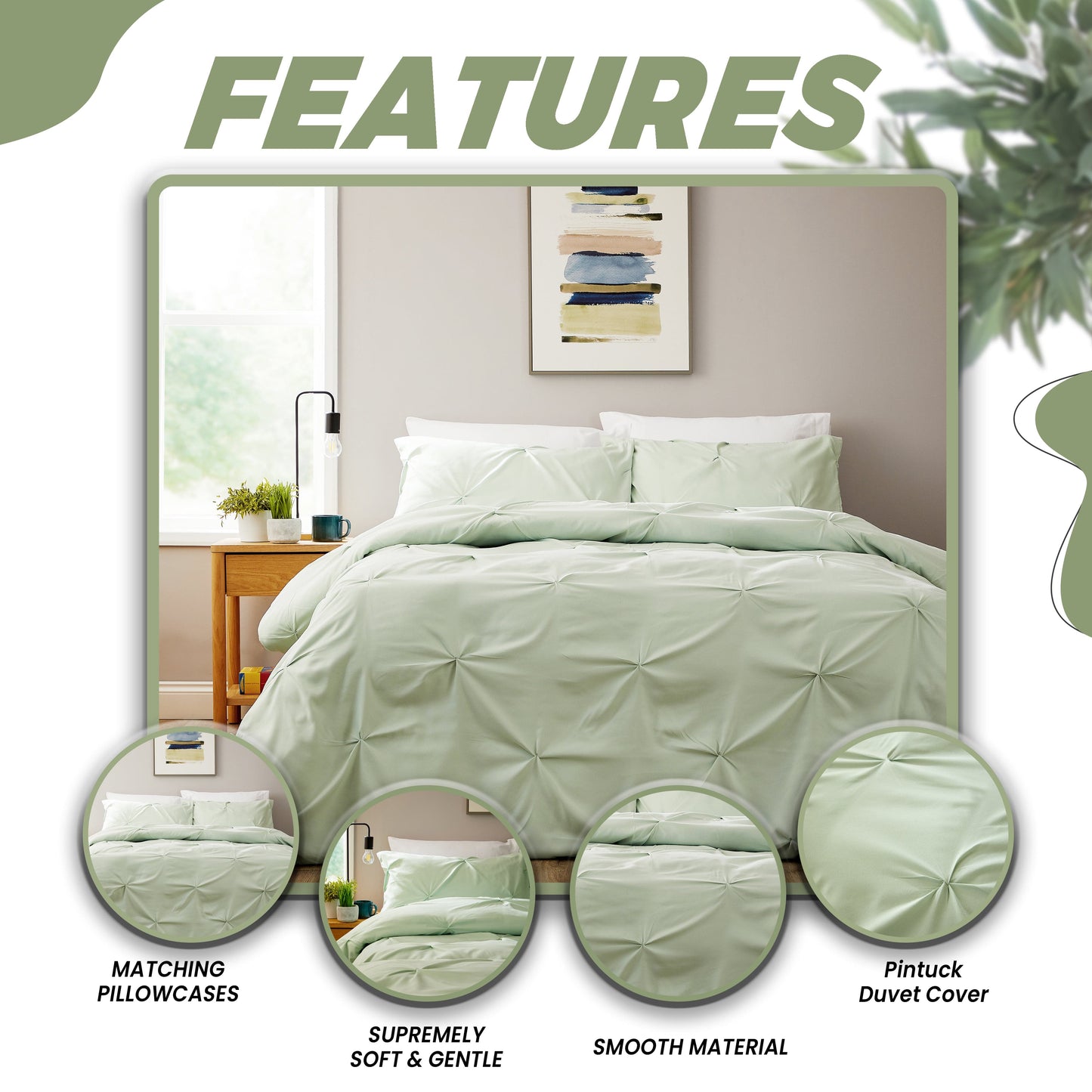 Pintuck Sage Green Microfibre Duvet Cover Set