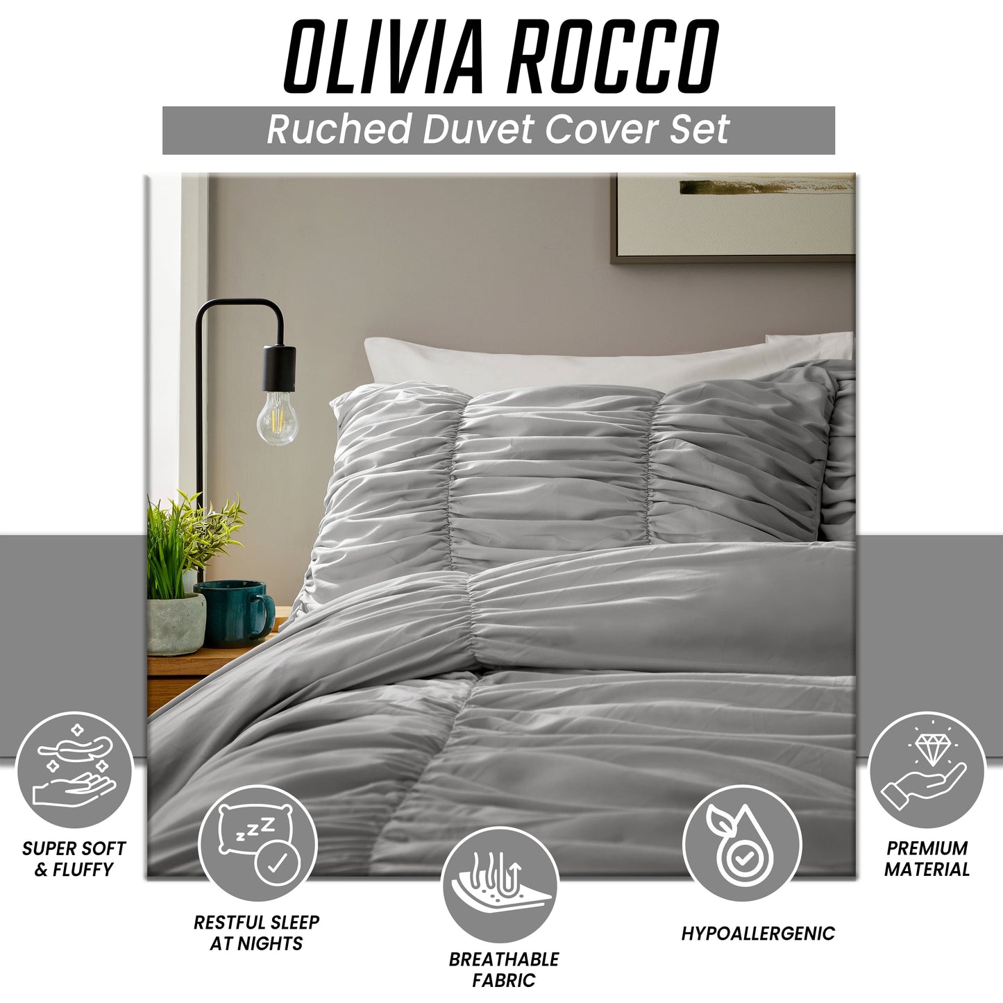 Ruched Grey Microfibre Duvet Cover Set