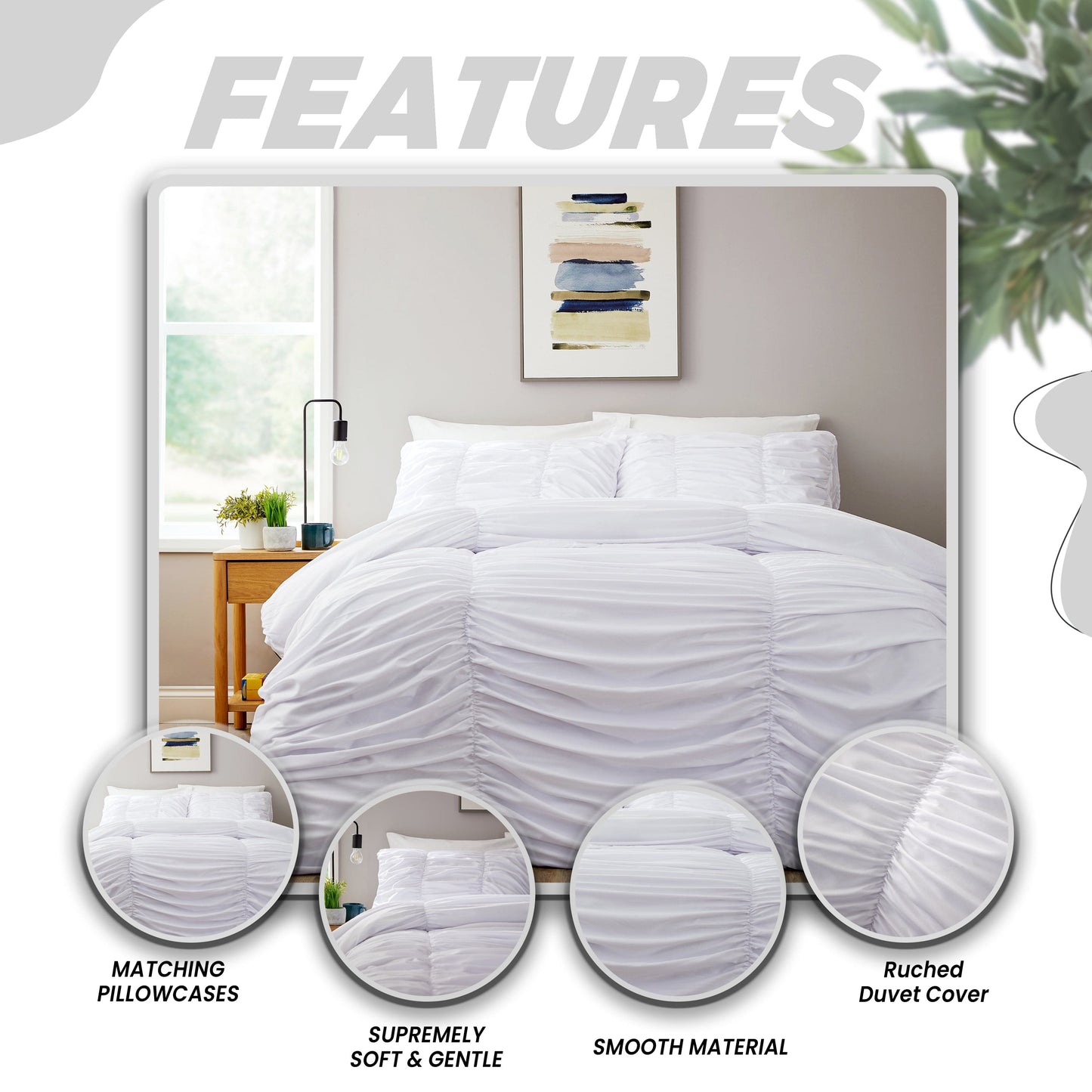 Ruched White Microfibre Duvet Cover Set