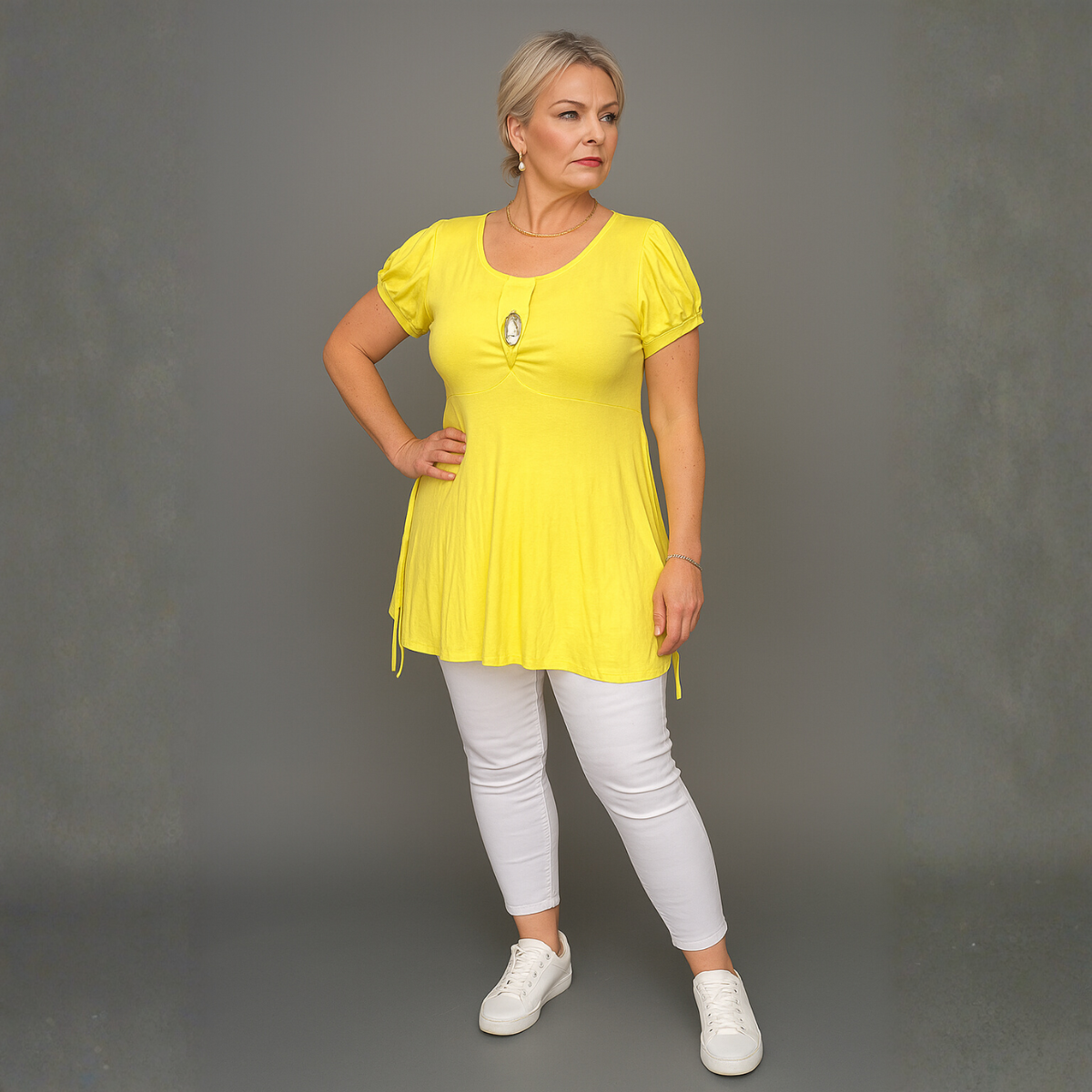 Puff Sleeve Button Front Tunic Top