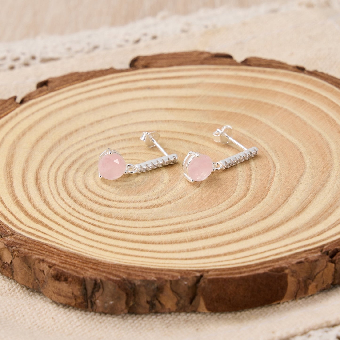 Sterling Silver Rose Quartz Gemstone Drop Earrings with Quote Card