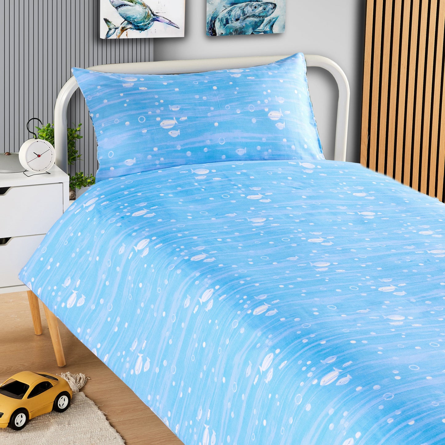 Underwater Sharks and Whales Kids Duvet Cover Set Reversible Soft Cotton Marine Life Bedding with Curtains