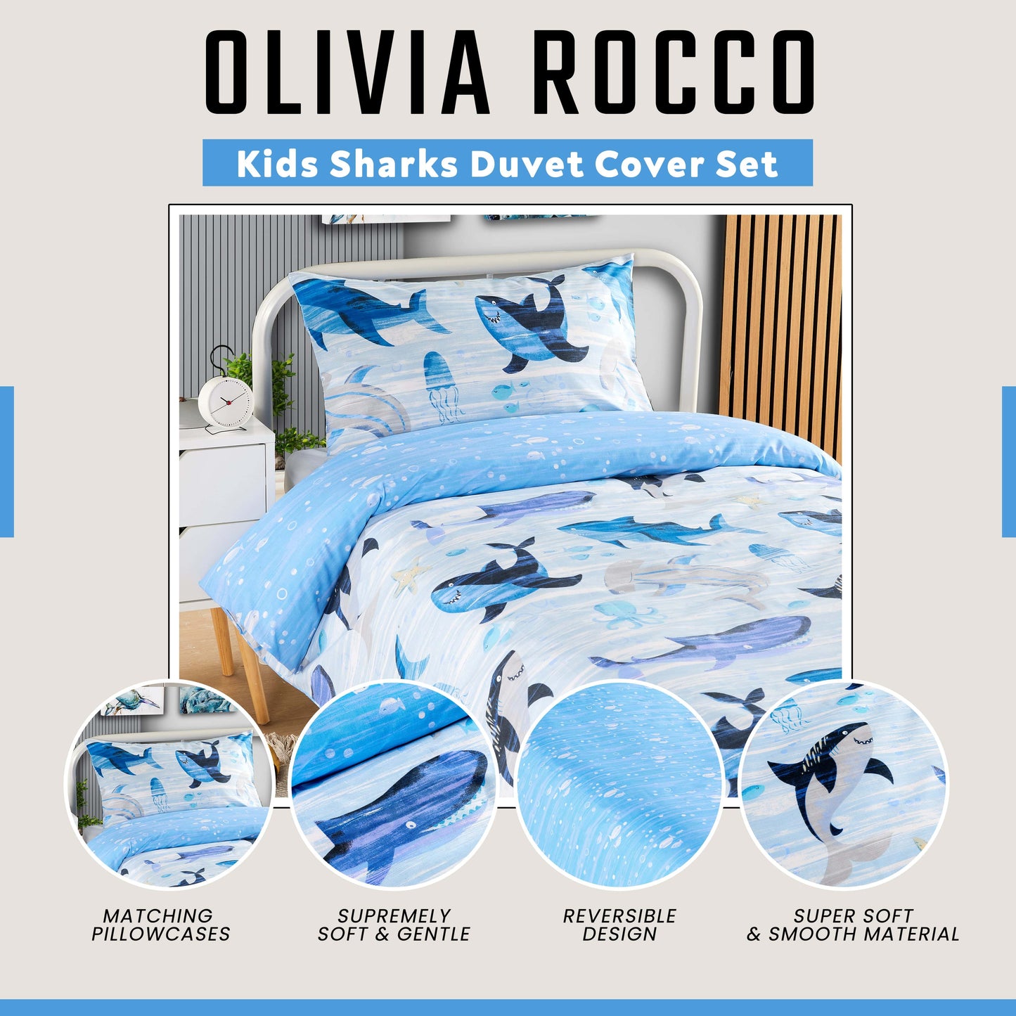 Underwater Sharks and Whales Kids Duvet Cover Set Reversible Soft Cotton Marine Life Bedding with Curtains