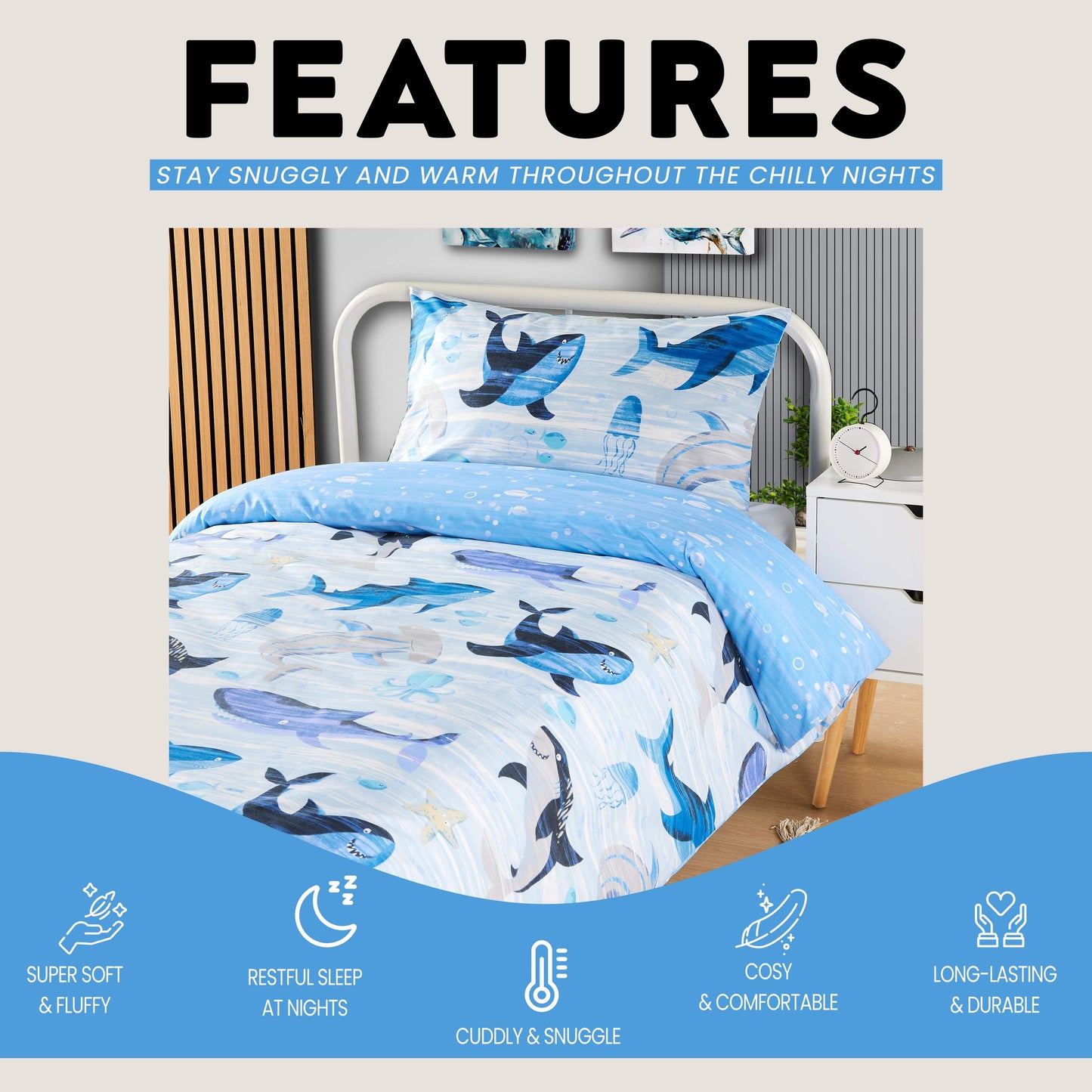 Underwater Sharks and Whales Kids Duvet Cover Set Reversible Soft Cotton Marine Life Bedding with Curtains