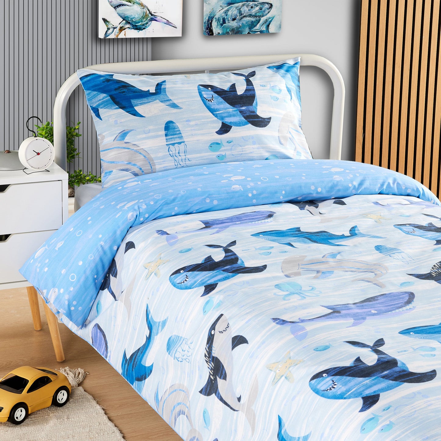 Underwater Sharks and Whales Kids Duvet Cover Set Reversible Soft Cotton Marine Life Bedding with Curtains