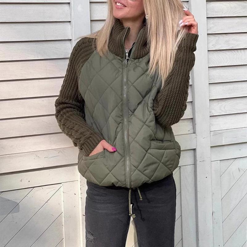 Women Stand Collar Fashion Knitted Stitching Jacket